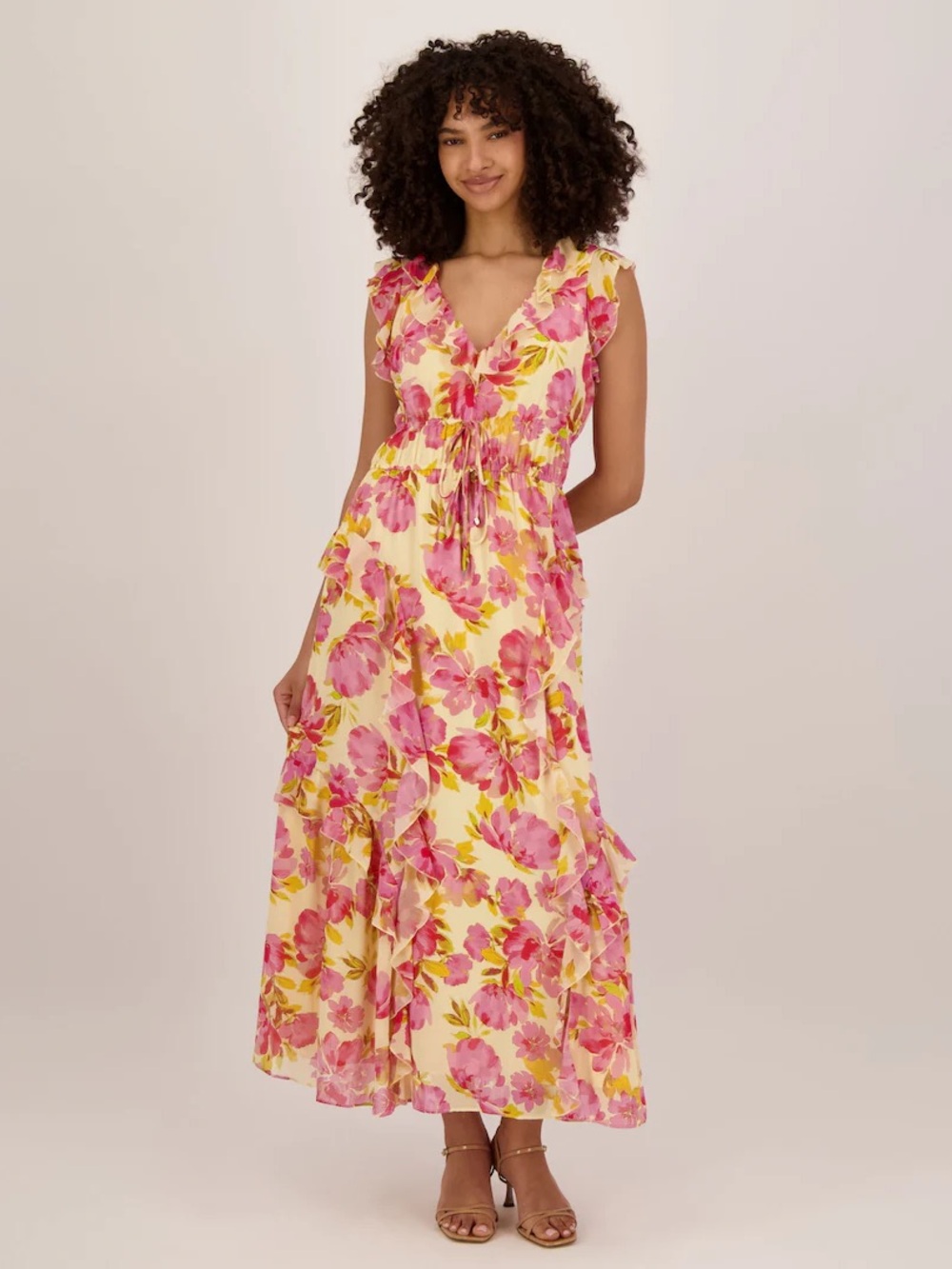 Steve Madden Pink & Yellow Floral Ruffle Maxi Dress